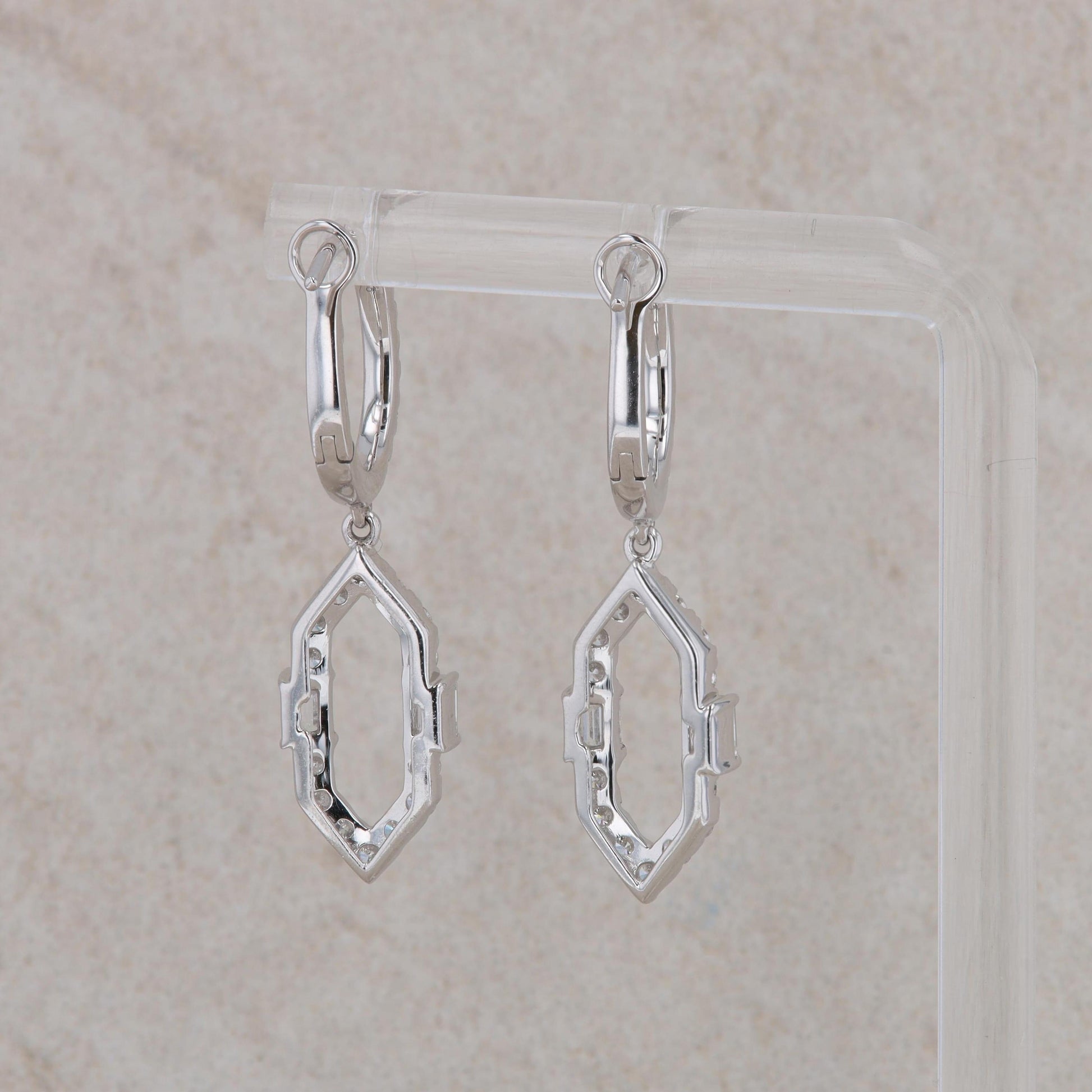 14k White Gold Emerald Cut and Round Diamond Hexagonal Dangle Earrings