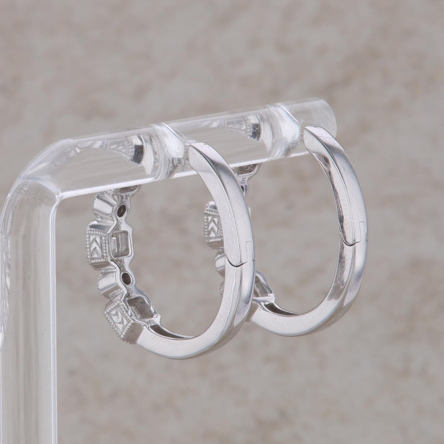 18k White Gold Diamond Milgrain Bezel Set Hoop Earrings