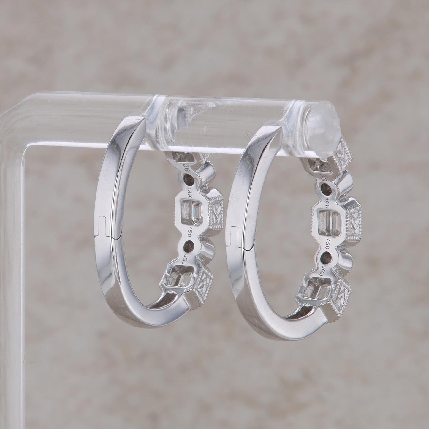 18k White Gold Diamond Milgrain Bezel Set Hoop Earrings