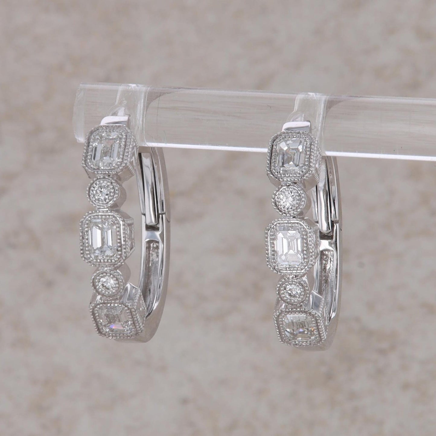 18k White Gold Diamond Milgrain Bezel Set Hoop Earrings