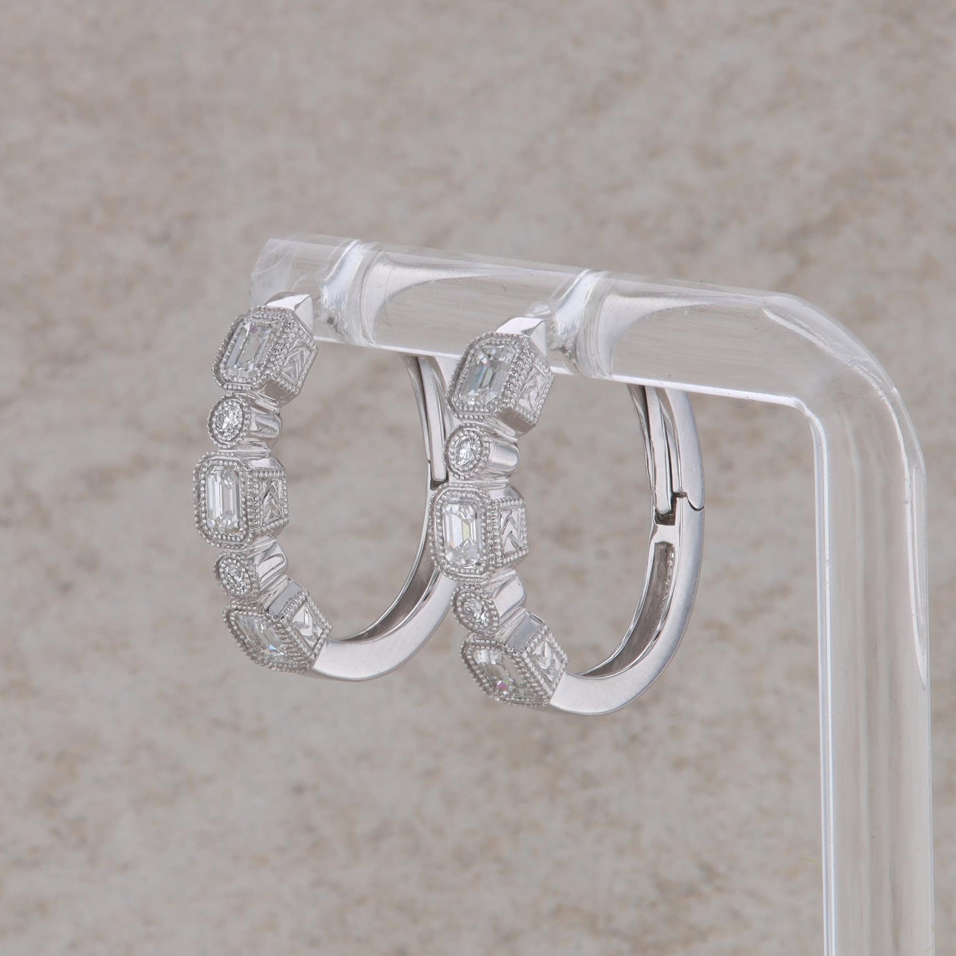 18k White Gold Diamond Milgrain Bezel Set Hoop Earrings