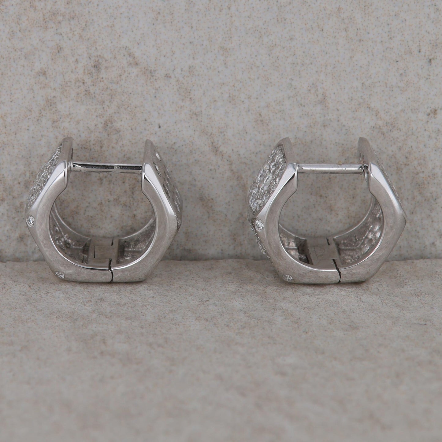 14k White Gold Diamond Huggie Hoop Style Earrings