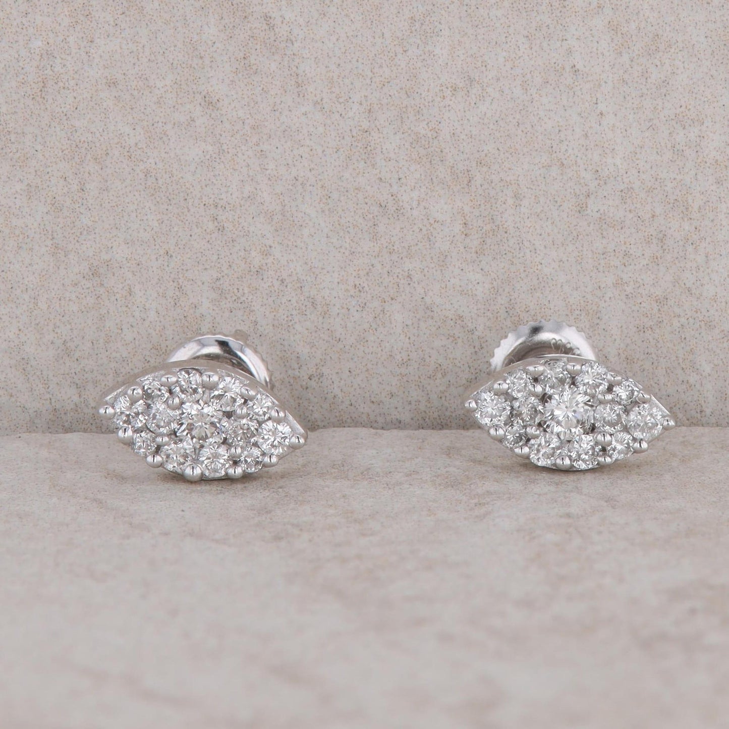 14k White Gold Marquise Shaped Cluster Diamond Stud Earrings