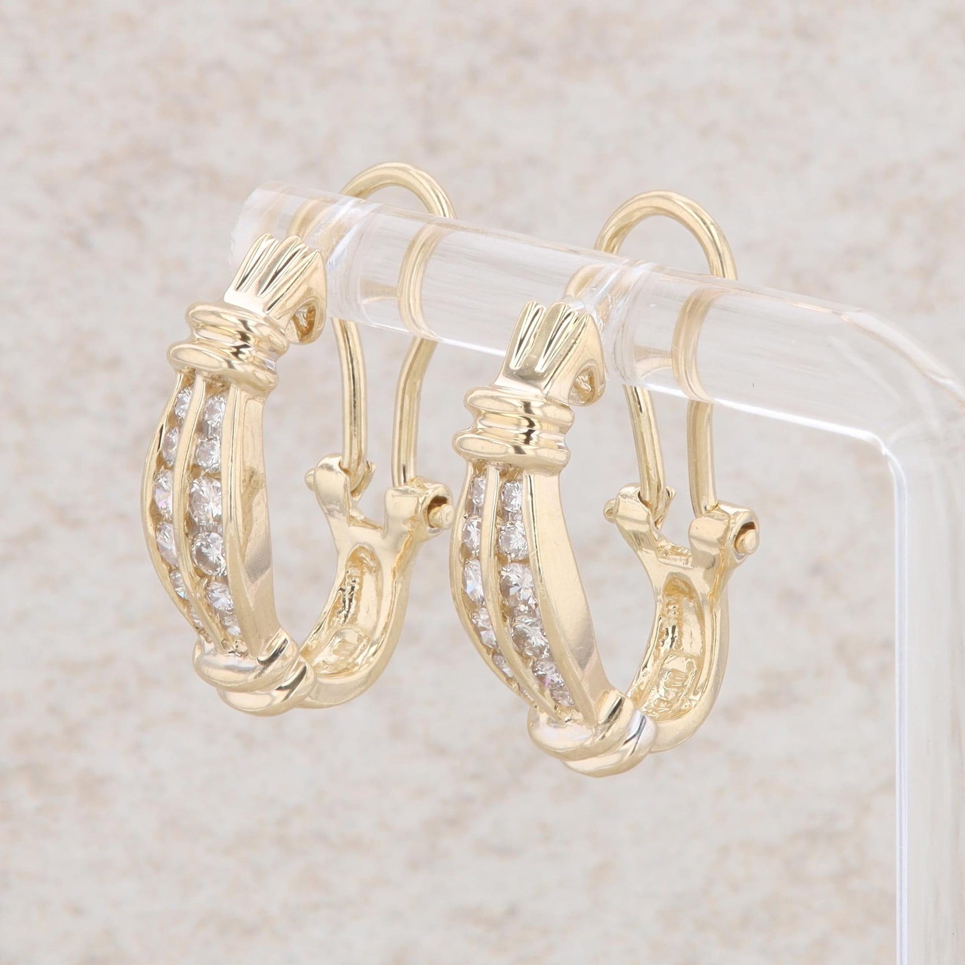 14k Yellow Gold Diamond J Style Hoops