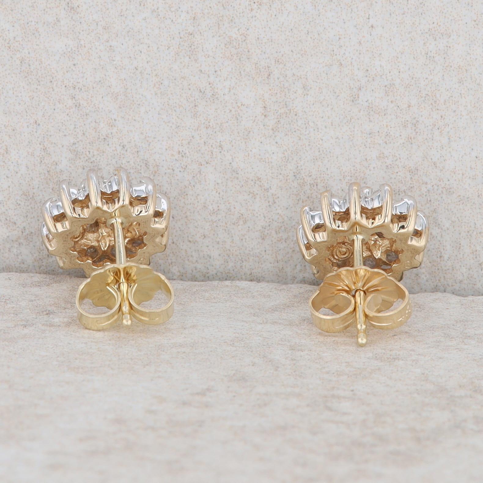 14k Yellow Gold Diamond Cluster Stud Earrings