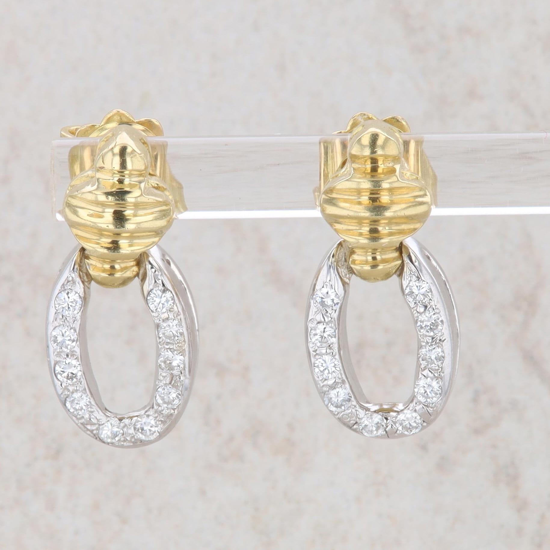 18k Two-Tone Gold Diamond Loop Textured Drop Earrings