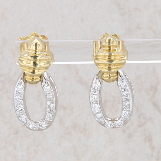 18k Two-Tone Gold Diamond Loop Textured Drop Earrings
