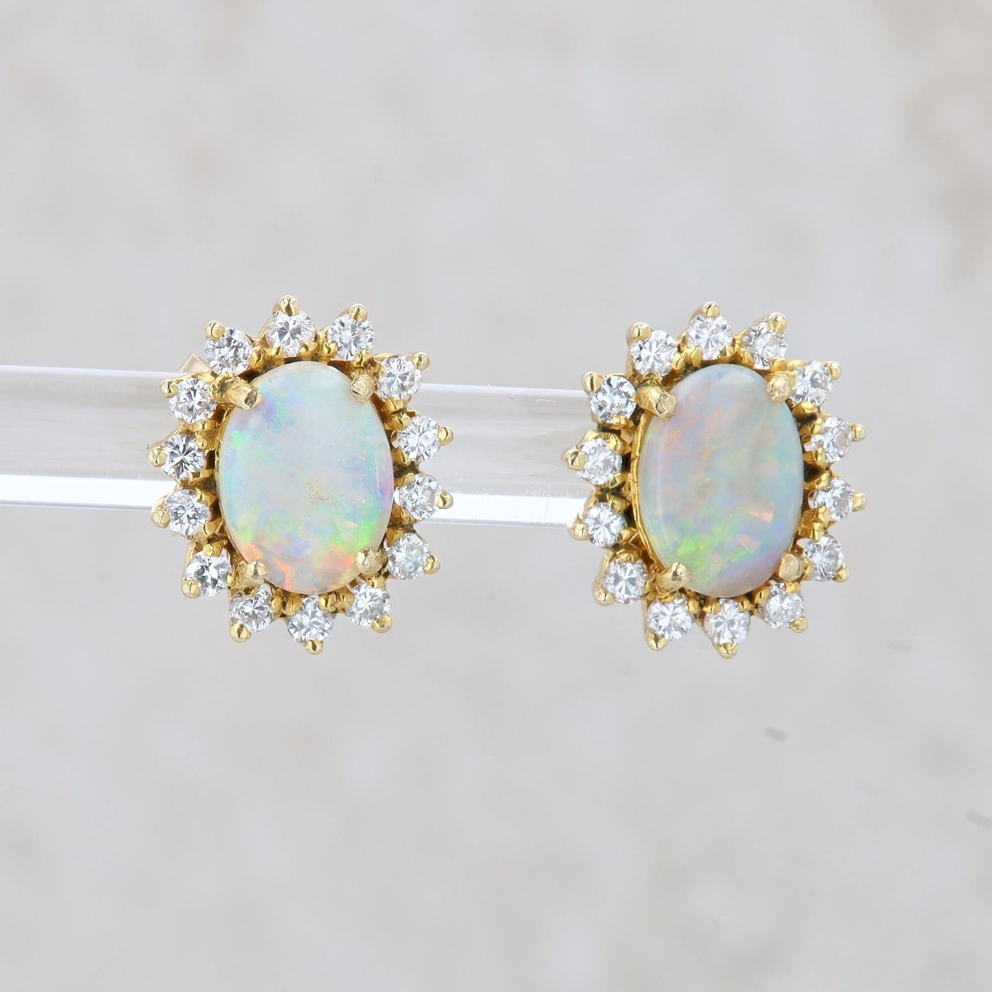 14k Yellow Gold Diamond Halo and Opal Stud Earrings