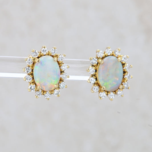 14k Yellow Gold Diamond Halo and Opal Stud Earrings