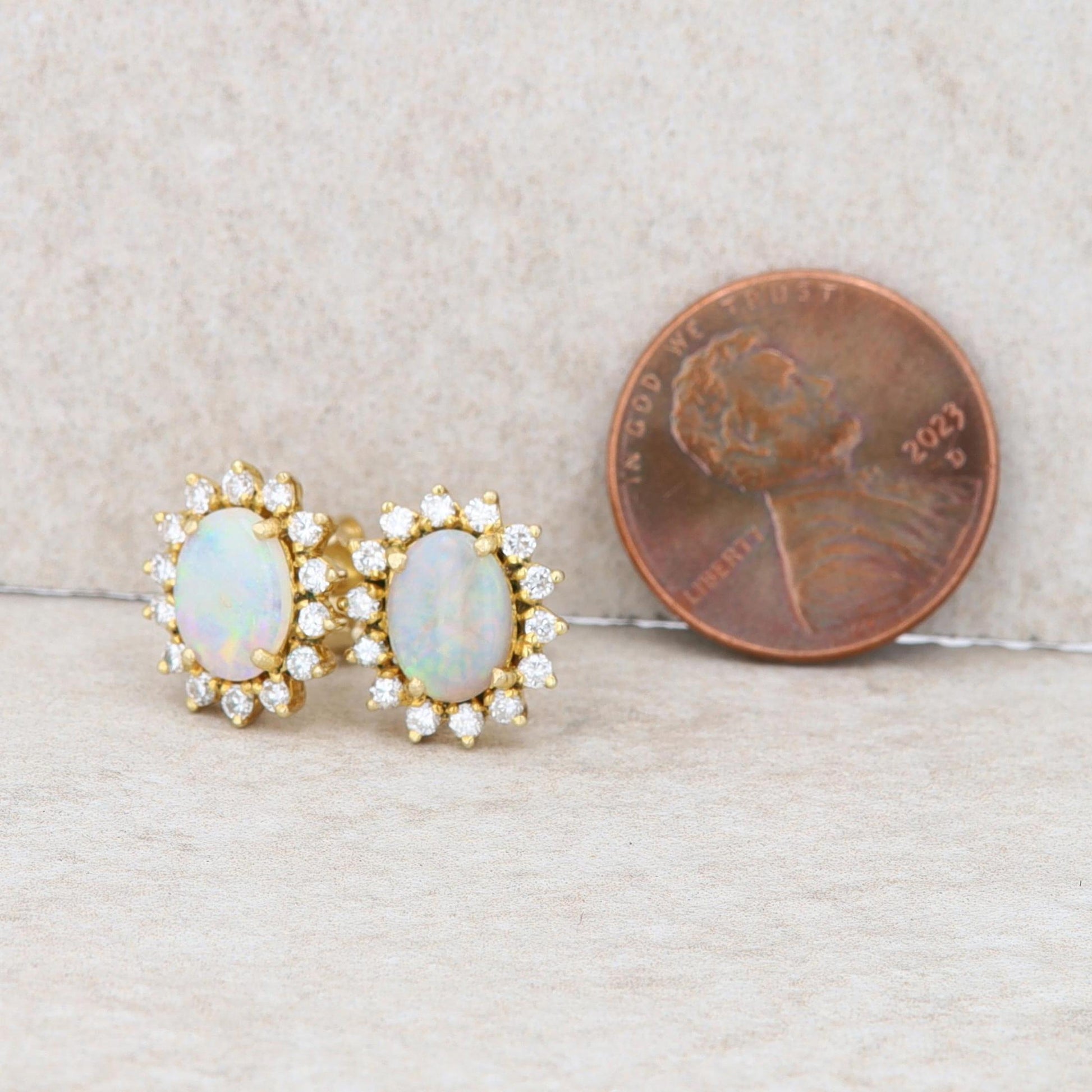 14k Yellow Gold Diamond Halo and Opal Stud Earrings