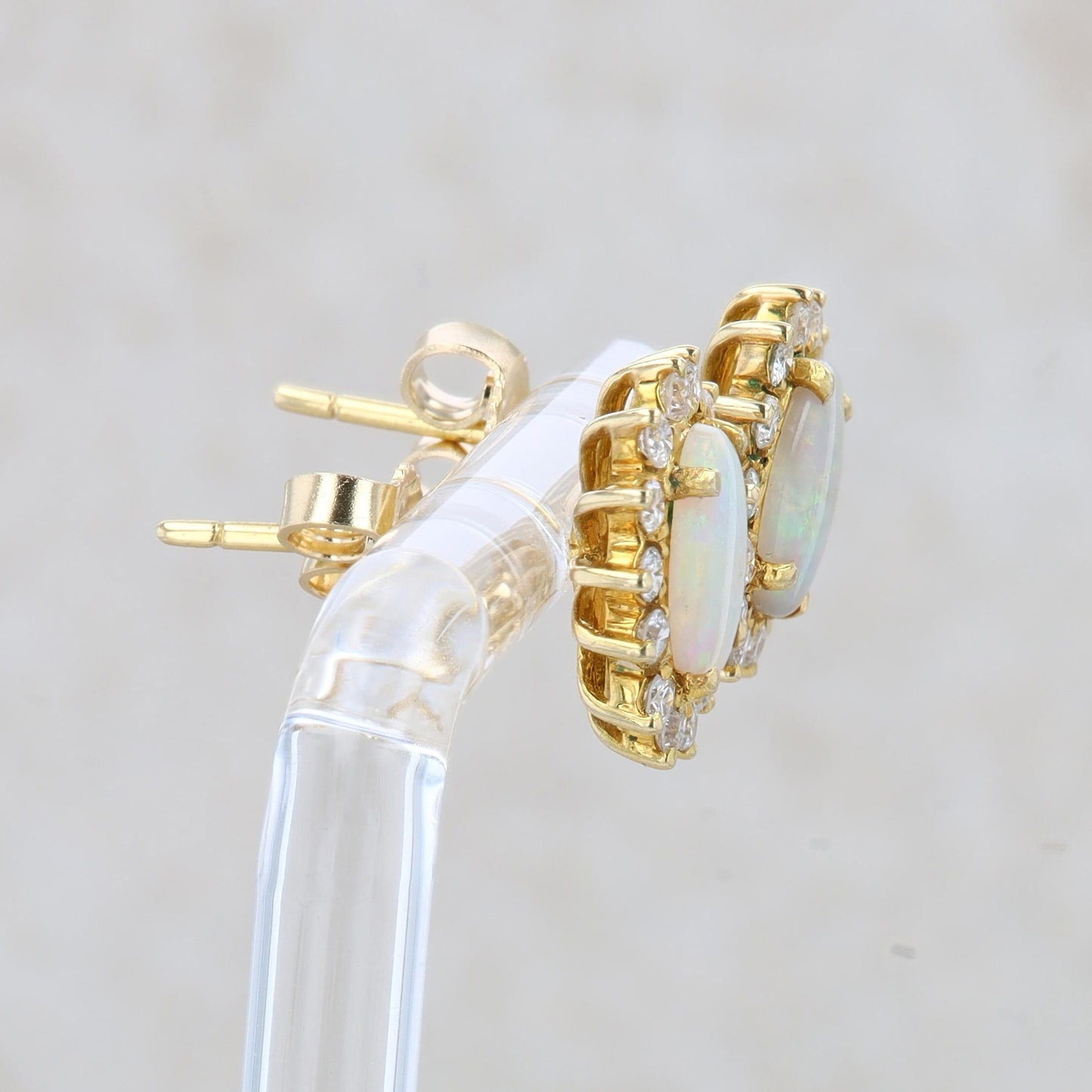 14k Yellow Gold Diamond Halo and Opal Stud Earrings