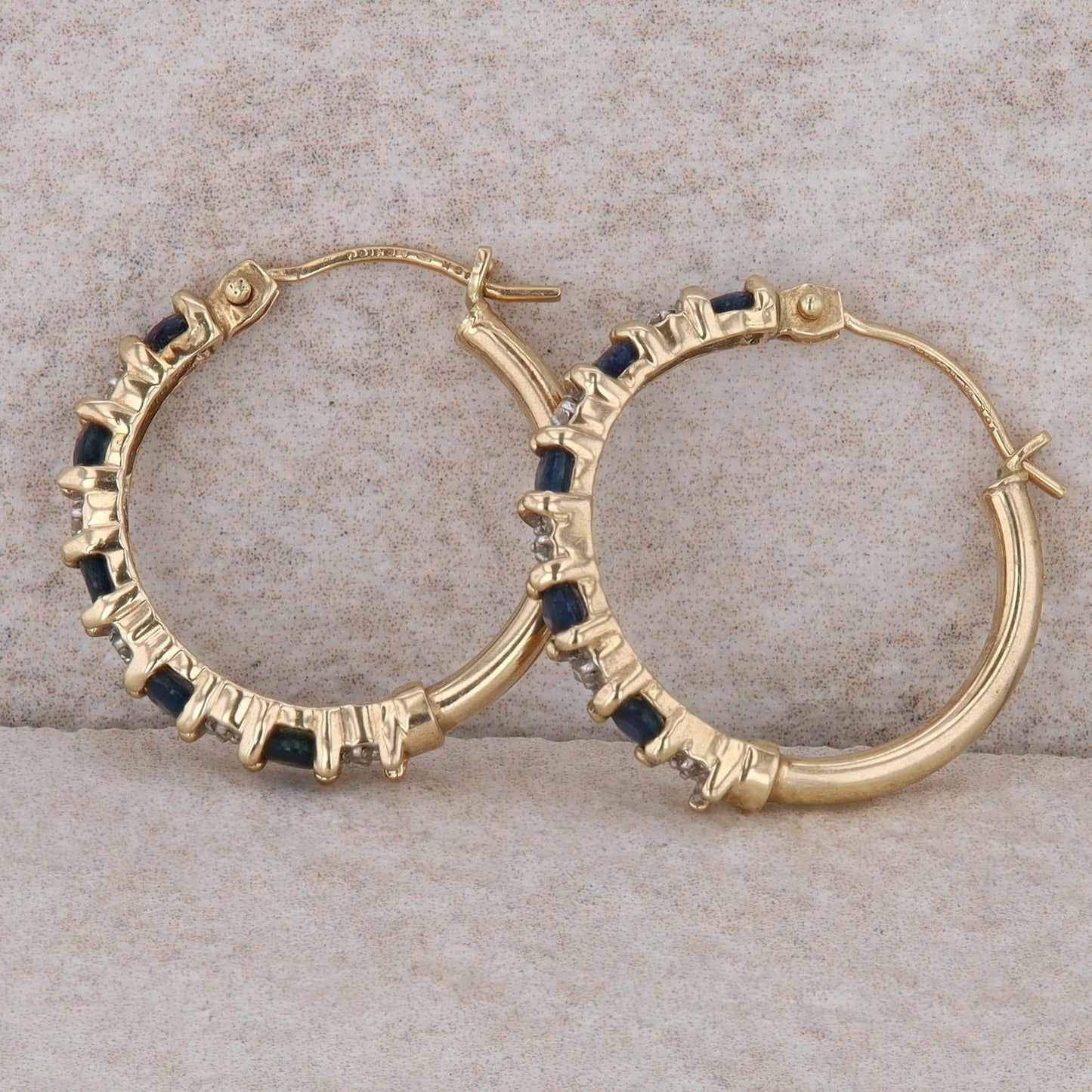 10k Yellow Gold Sapphire and Diamond Hoop Earrings