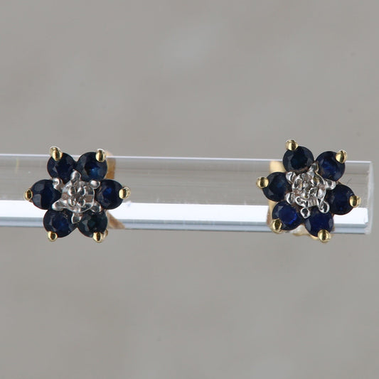 14k Yellow Gold Sapphire and Diamond Stud Earrings