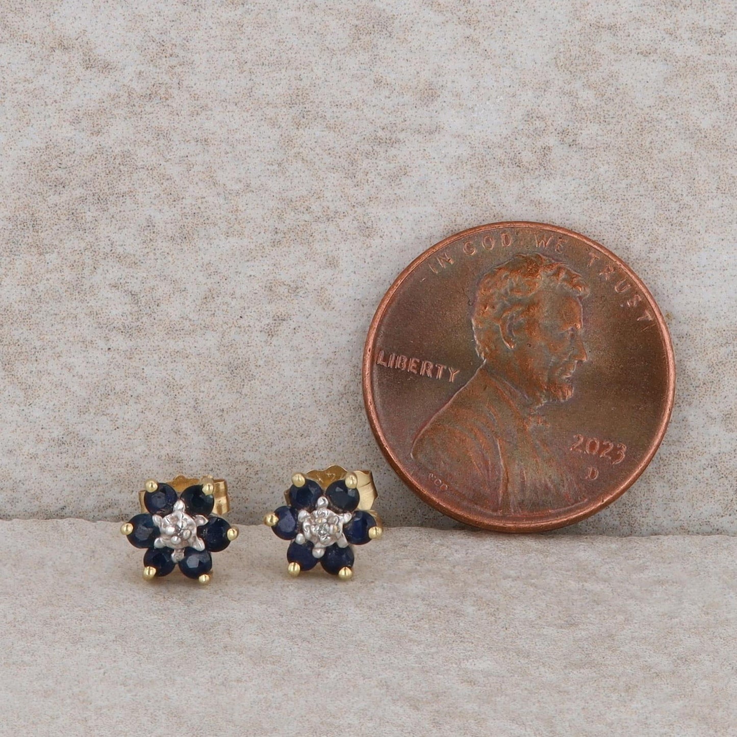 14k Yellow Gold Sapphire and Diamond Stud Earrings