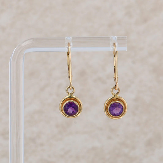 14k Yellow Gold Dangle Lever Back Bezel Set Amethyst Earrings