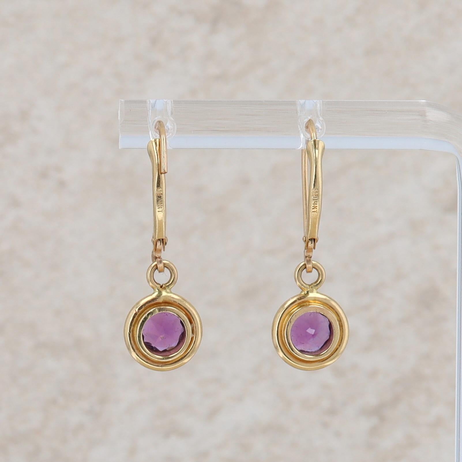 14k Yellow Gold Dangle Lever Back Bezel Set Amethyst Earrings