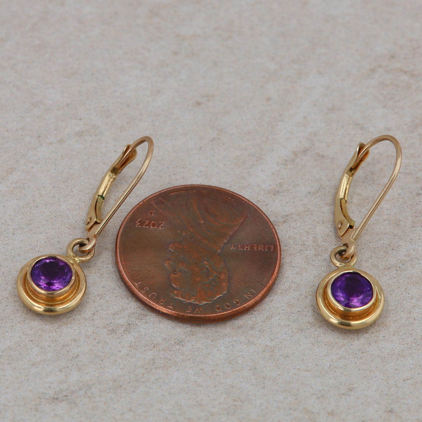 14k Yellow Gold Dangle Lever Back Bezel Set Amethyst Earrings