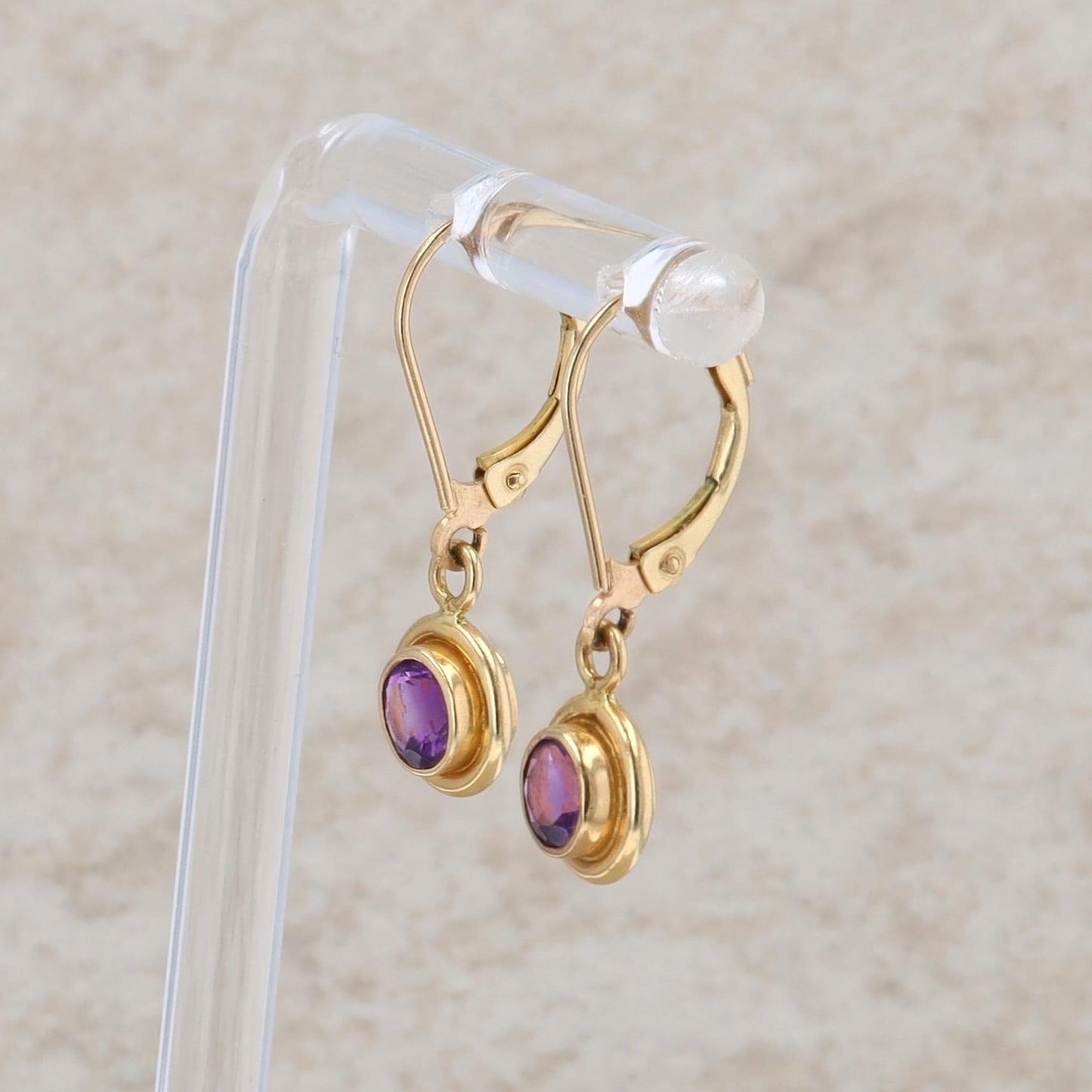 14k Yellow Gold Dangle Lever Back Bezel Set Amethyst Earrings