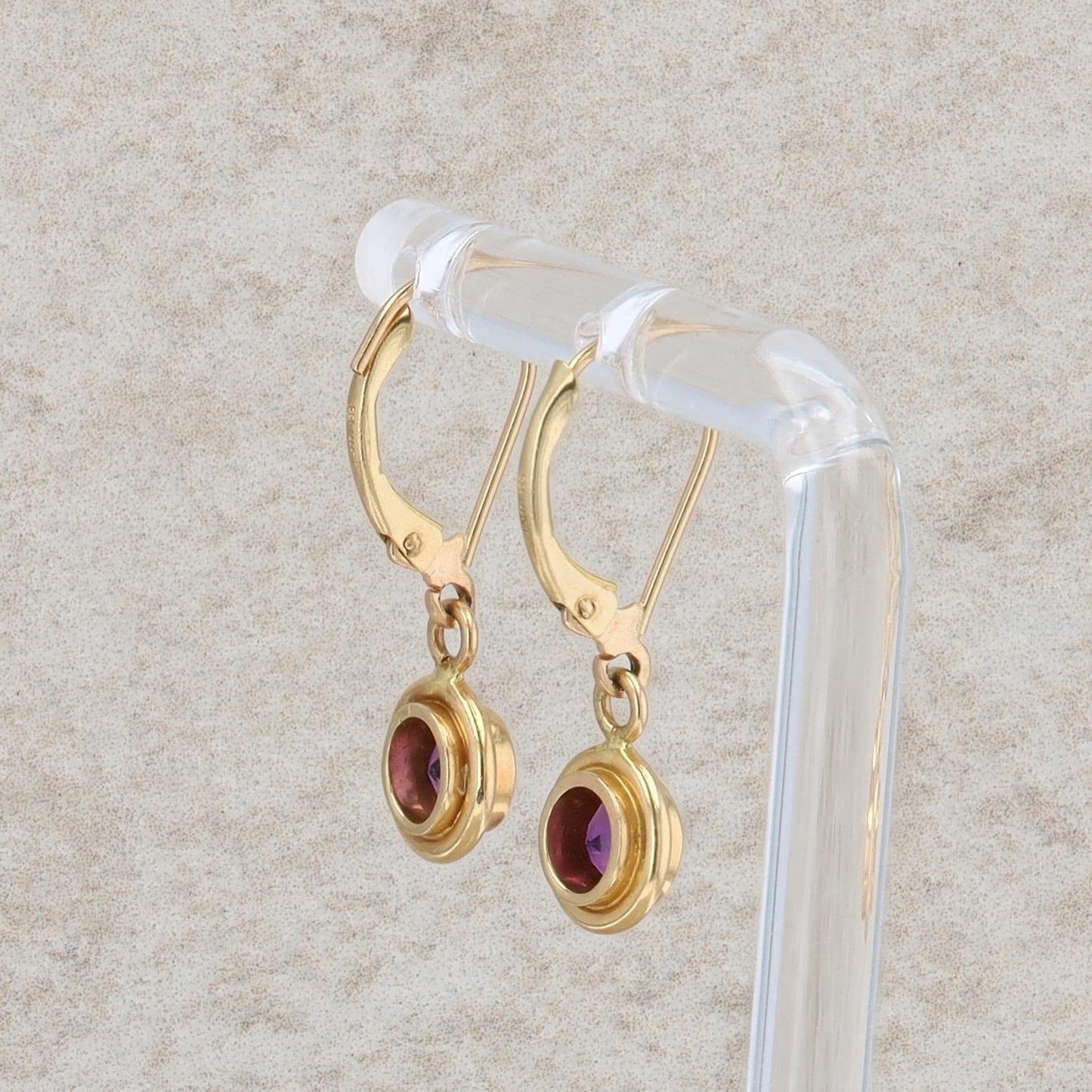 14k Yellow Gold Dangle Lever Back Bezel Set Amethyst Earrings