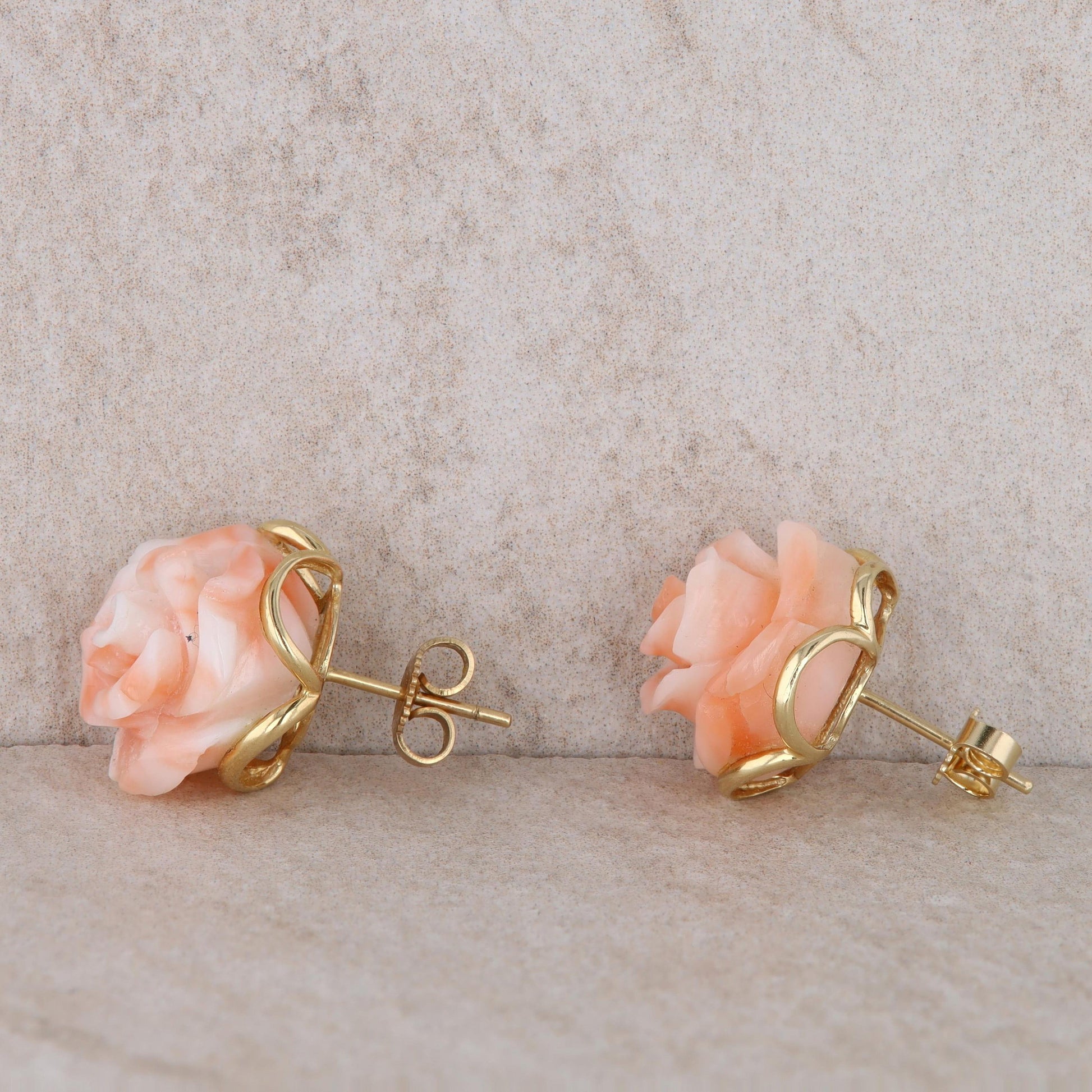 14k Yellow Gold Rose Painted Resin Floral Stud Earrings