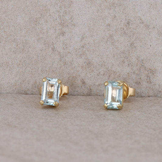 14k Yellow Gold Beryl Aquamarine Emerald Cut Stud Earrings