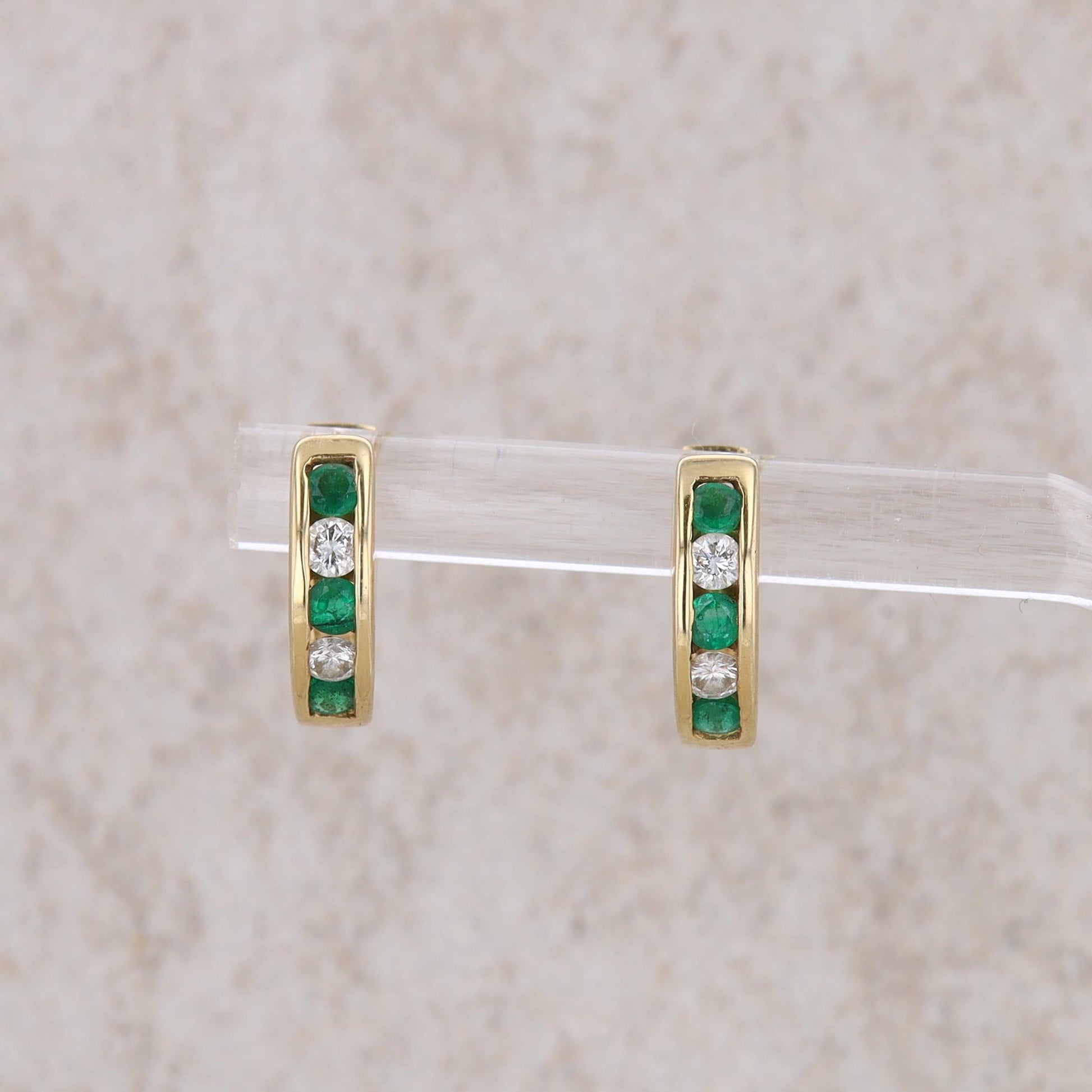 14k Yellow Gold Emerald and Diamond Hoop Earrings