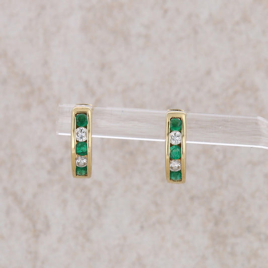 14k Yellow Gold Emerald and Diamond Hoop Earrings