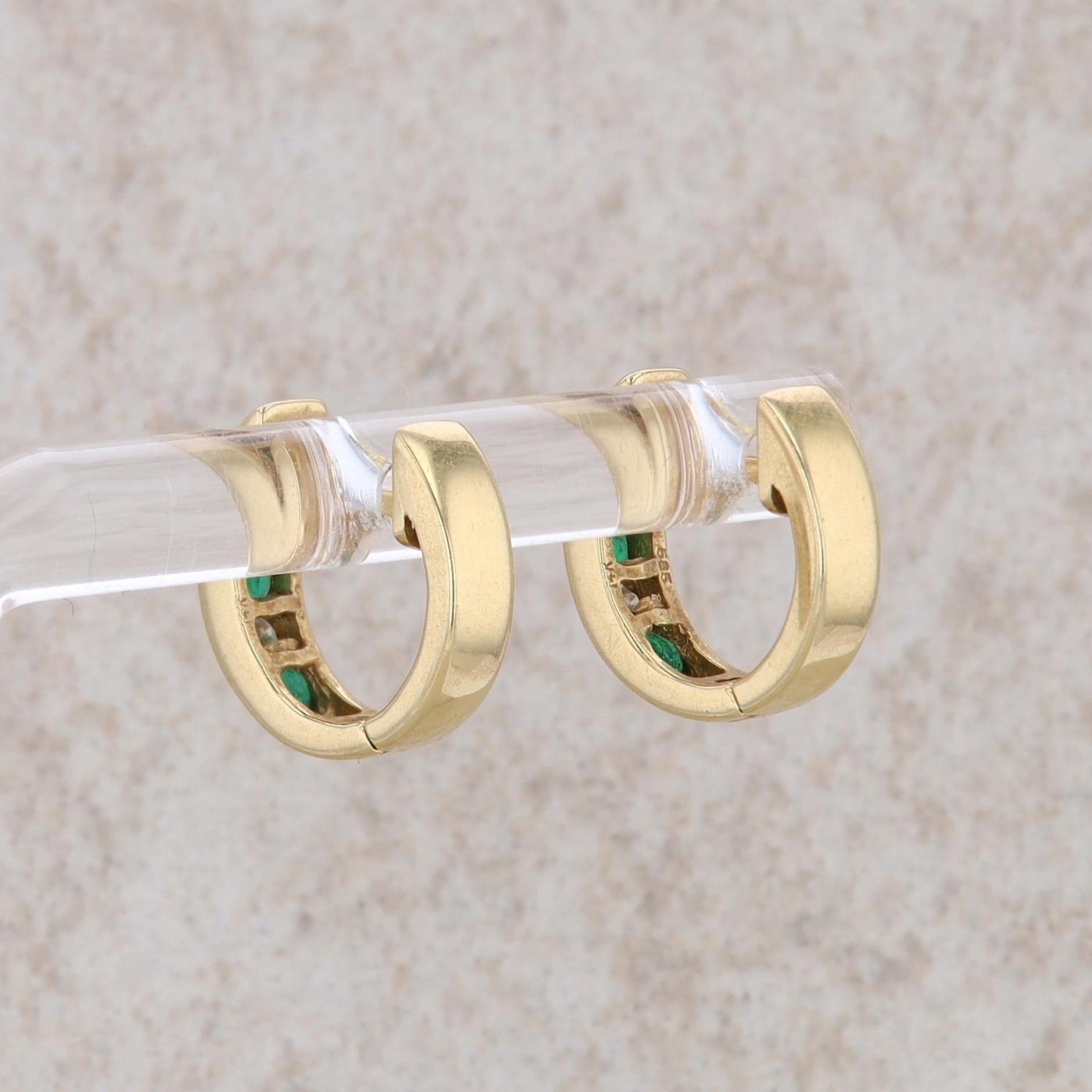 14k Yellow Gold Emerald and Diamond Hoop Earrings