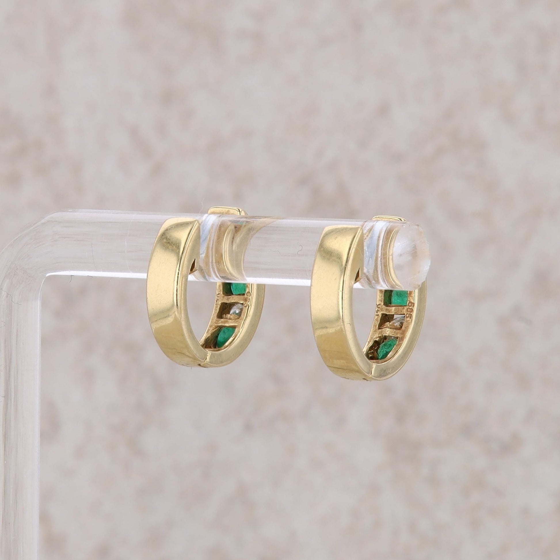 14k Yellow Gold Emerald and Diamond Hoop Earrings