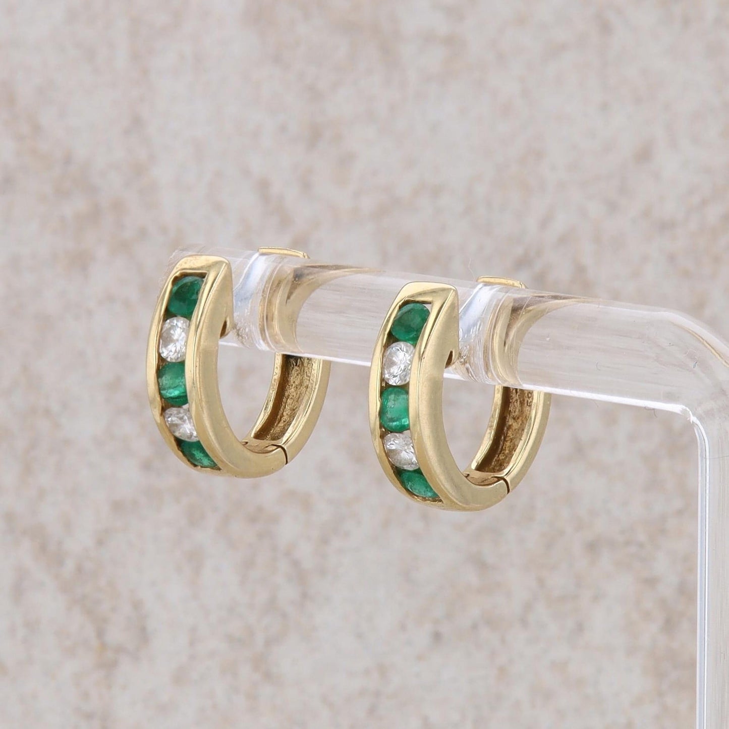 14k Yellow Gold Emerald and Diamond Hoop Earrings