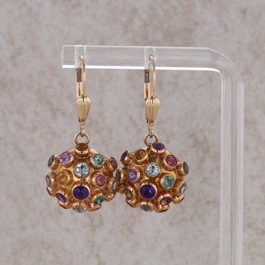 14k Yellow Gold Multi Gemstone Domed Circle Dangle Earrings