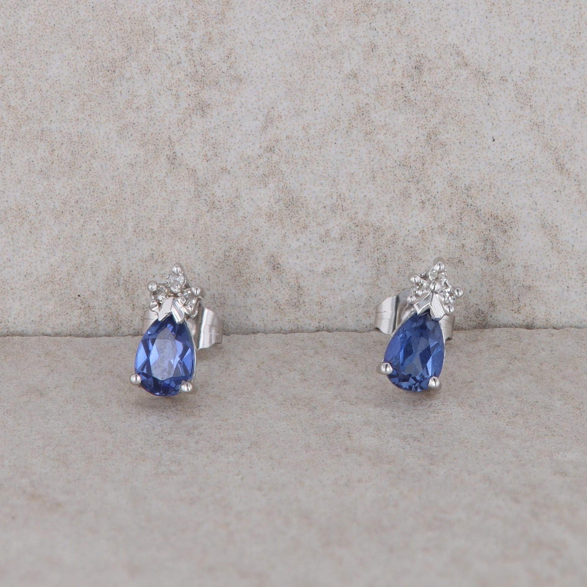 14k White Gold Pear Created Sapphire and Diamond Earrings