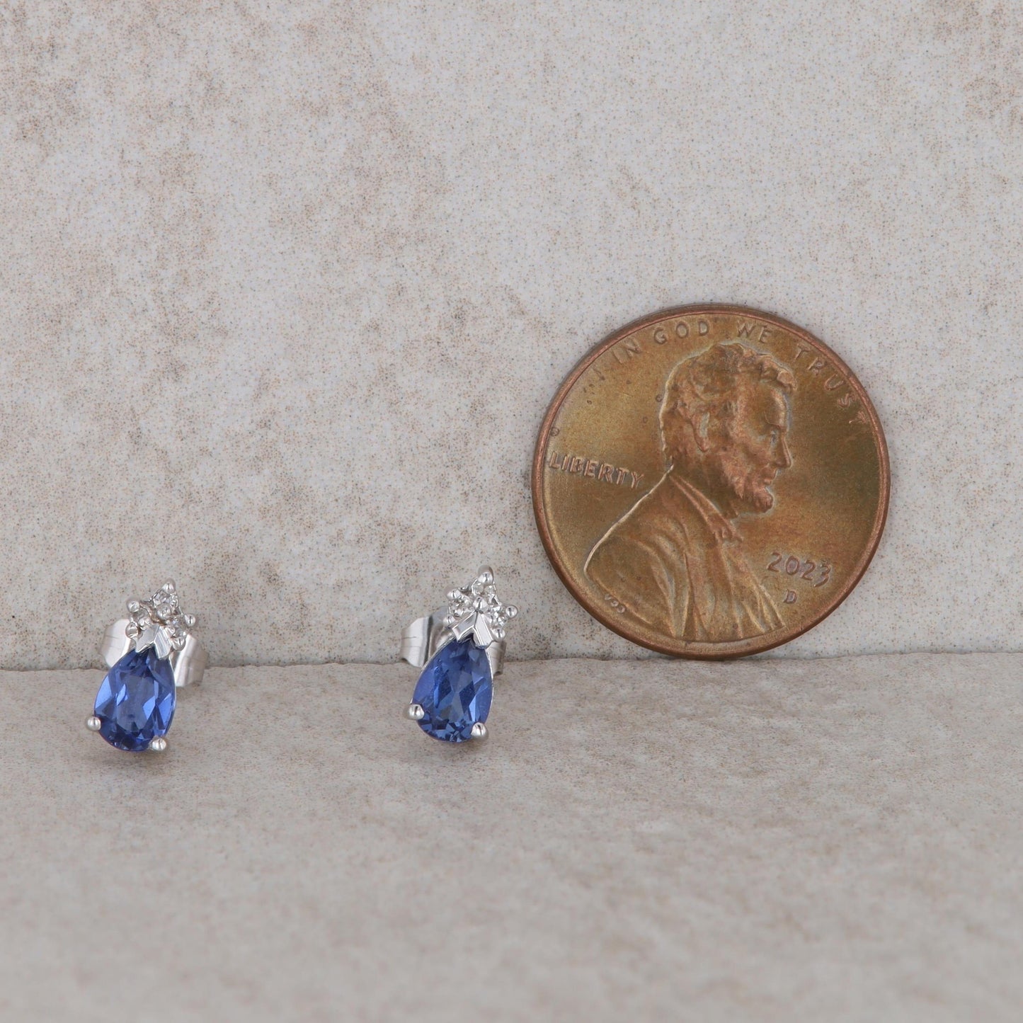 14k White Gold Pear Created Sapphire and Diamond Earrings