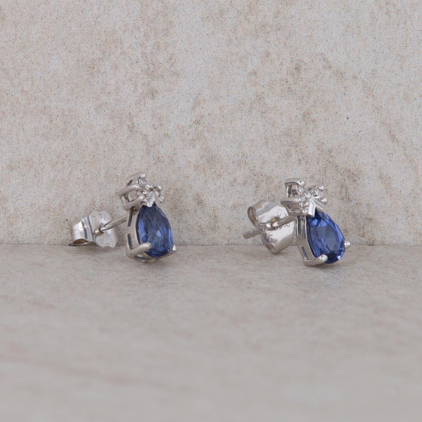 14k White Gold Pear Created Sapphire and Diamond Earrings