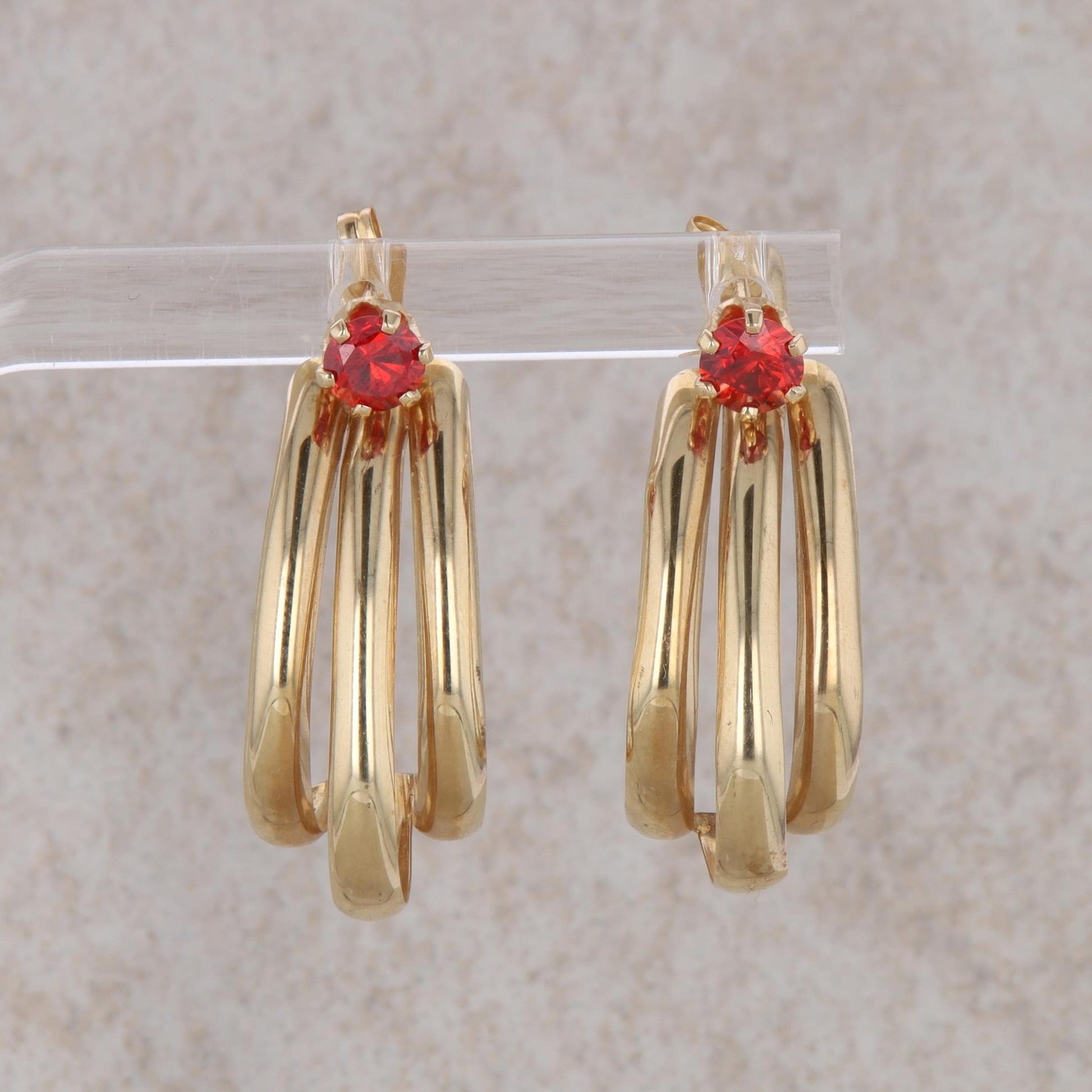 14k Yellow Gold J Hoop Jackets with 14k Red Cubic Zirconia Stud Earrings