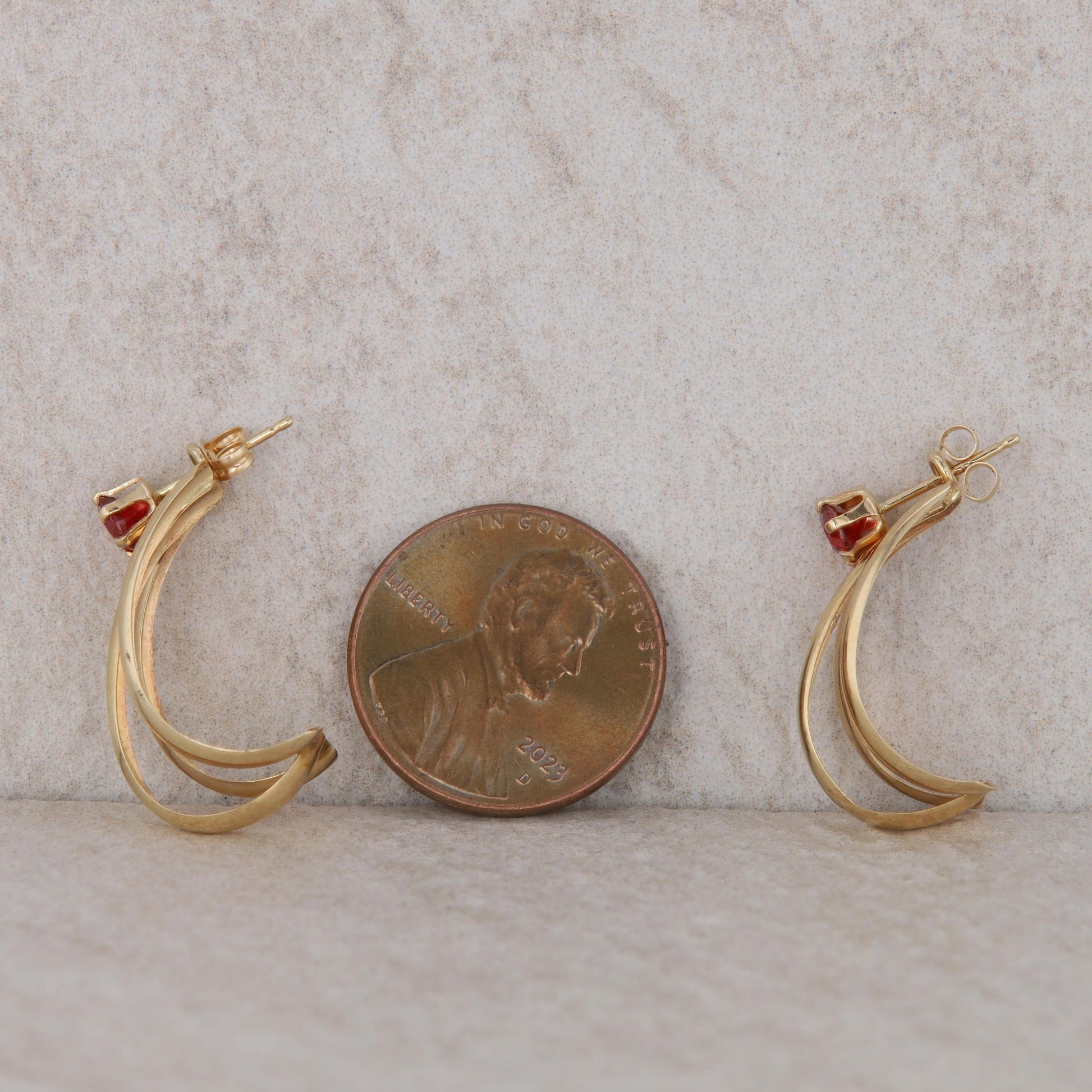 14k Yellow Gold J Hoop Jackets with 14k Red Cubic Zirconia Stud Earrings