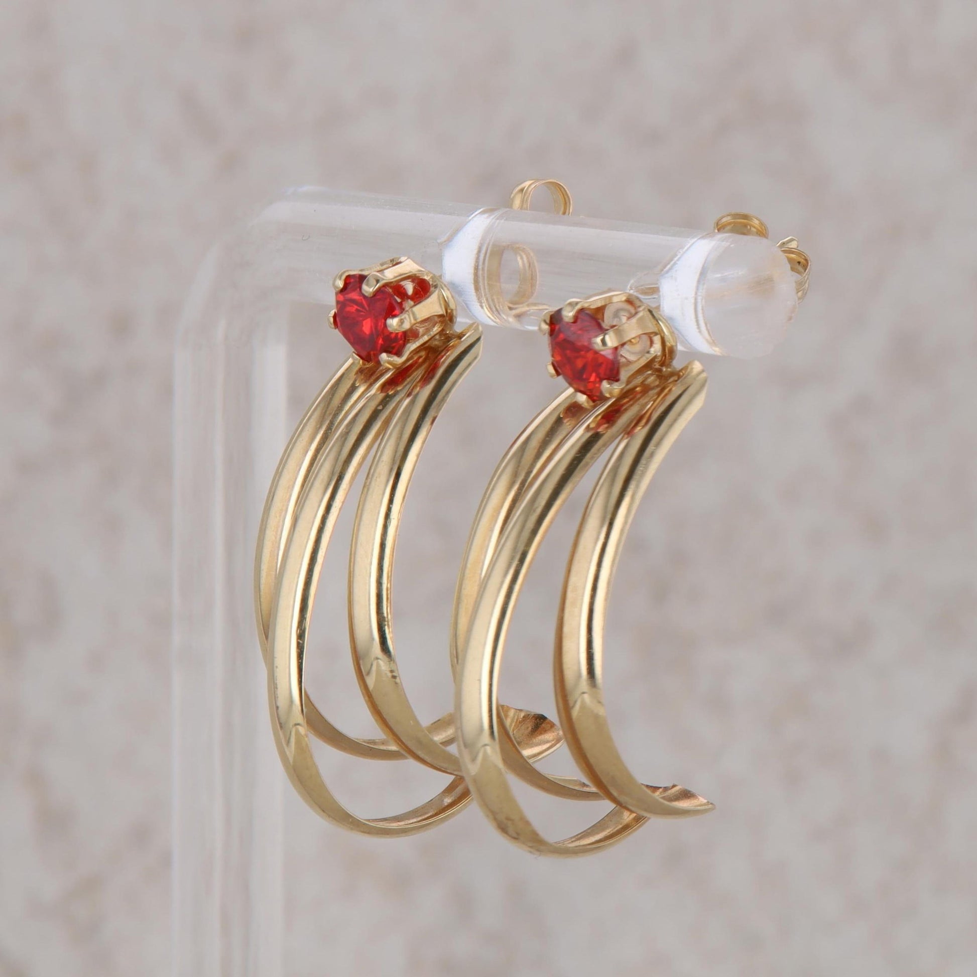 14k Yellow Gold J Hoop Jackets with 14k Red Cubic Zirconia Stud Earrings