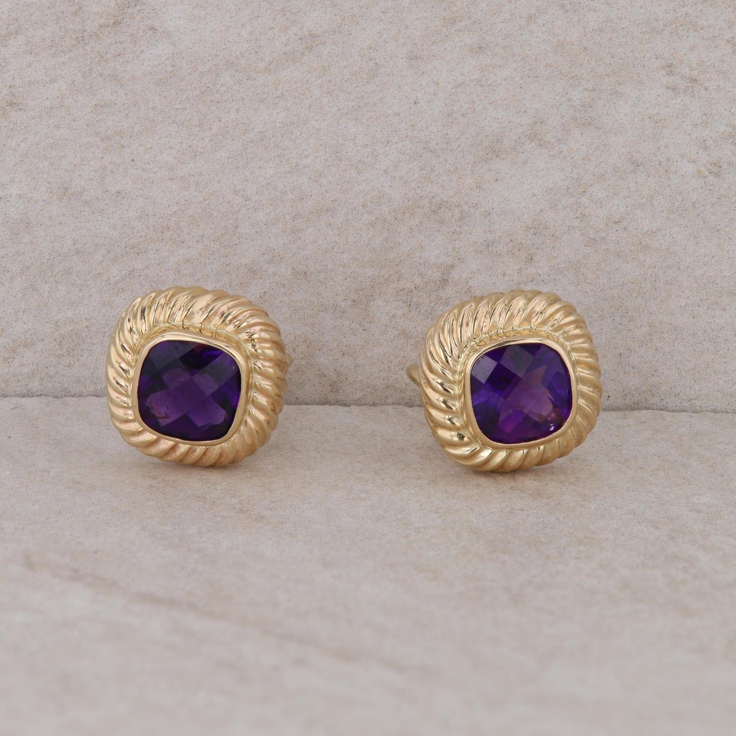 14k Yellow Gold Rope Textured Cushion Amethyst Omega Back Stud Earrings