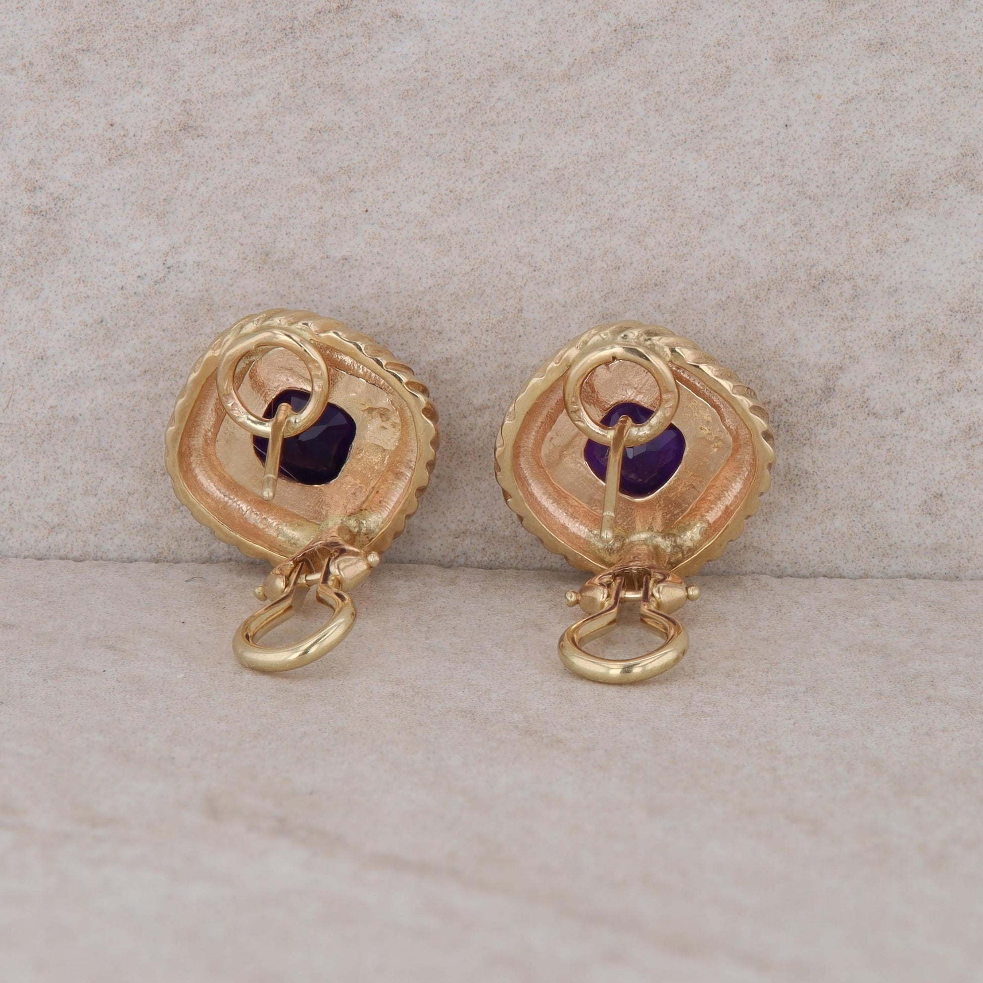 14k Yellow Gold Rope Textured Cushion Amethyst Omega Back Stud Earrings