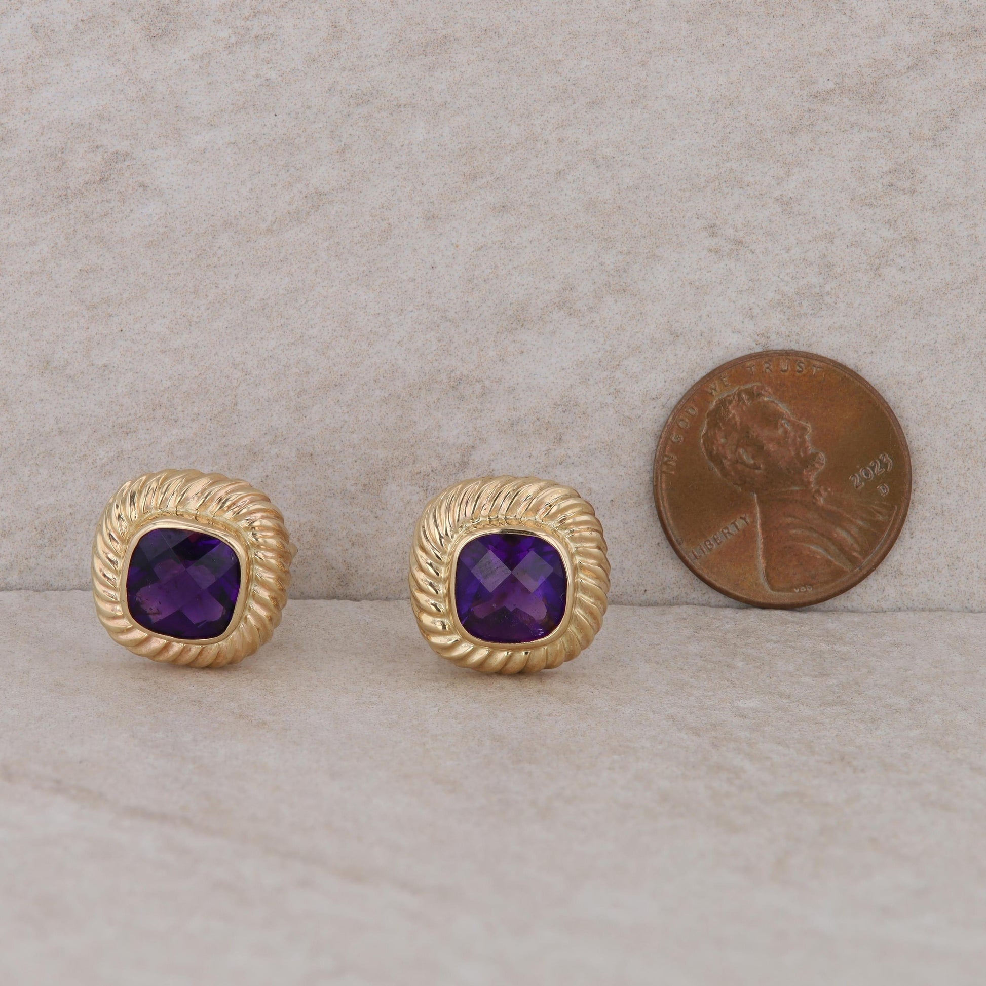 14k Yellow Gold Rope Textured Cushion Amethyst Omega Back Stud Earrings