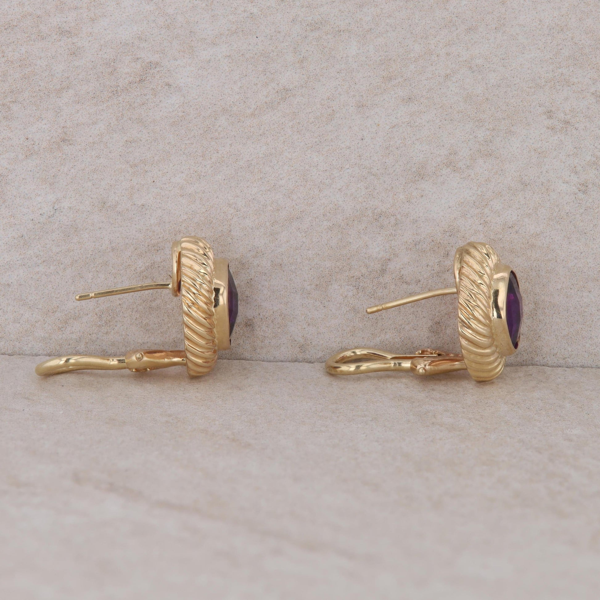 14k Yellow Gold Rope Textured Cushion Amethyst Omega Back Stud Earrings