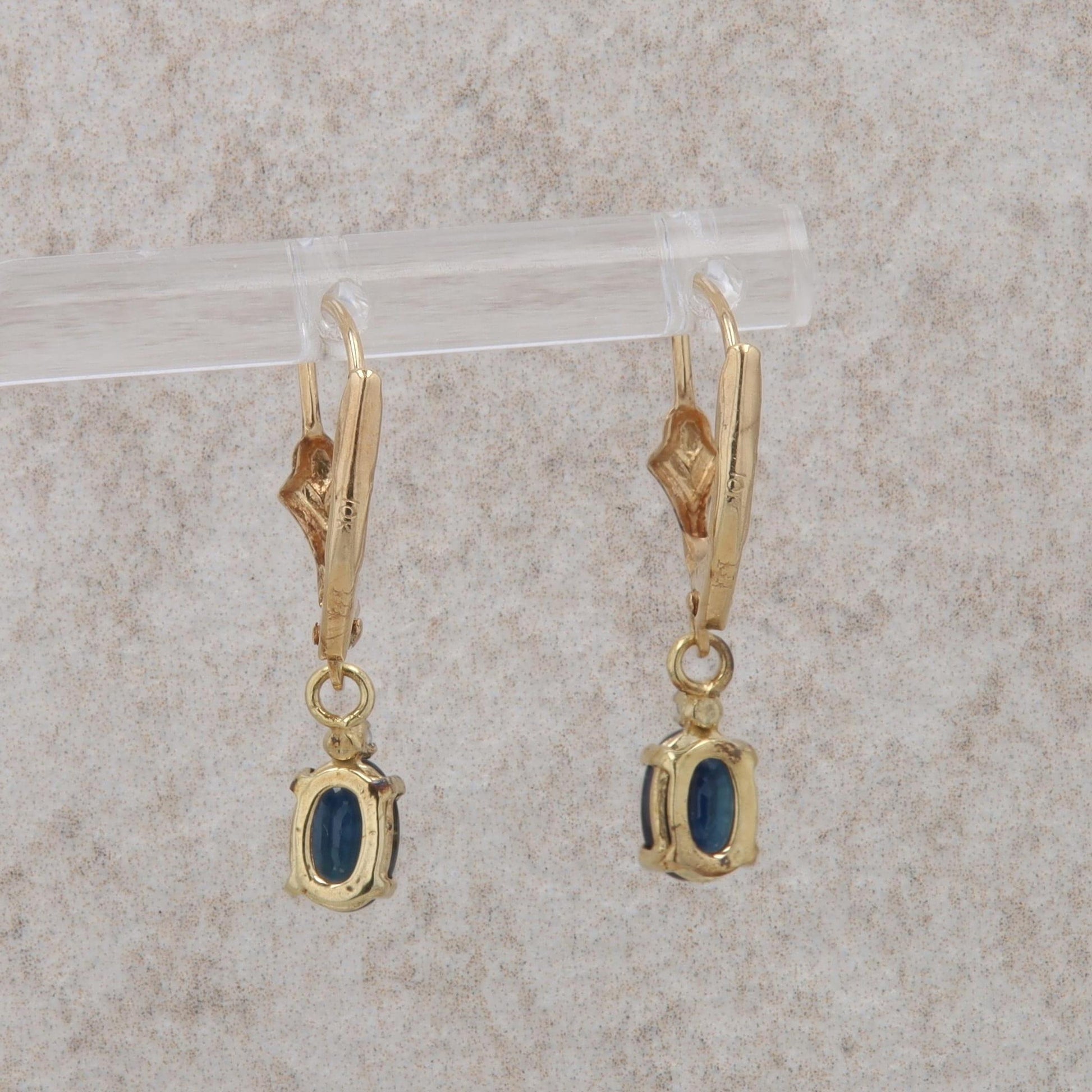 10k Yellow Gold Oval Sapphire and Diamond Dangle Earrings