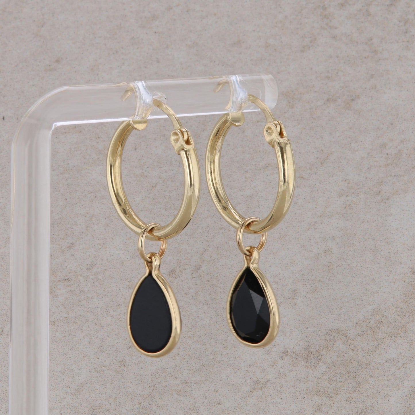 14k Yellow Gold Hoop with 14k Yellow Gold Pear Onyx Charm Earrings