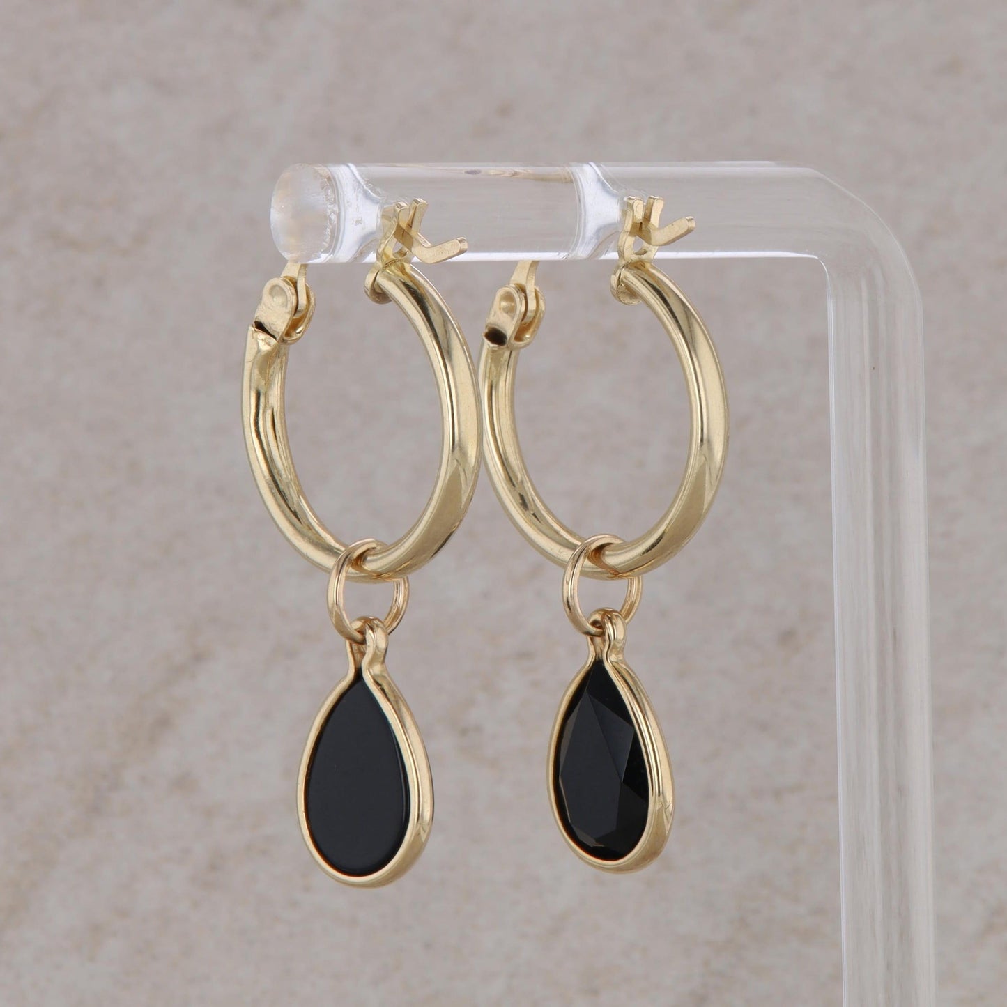 14k Yellow Gold Hoop with 14k Yellow Gold Pear Onyx Charm Earrings