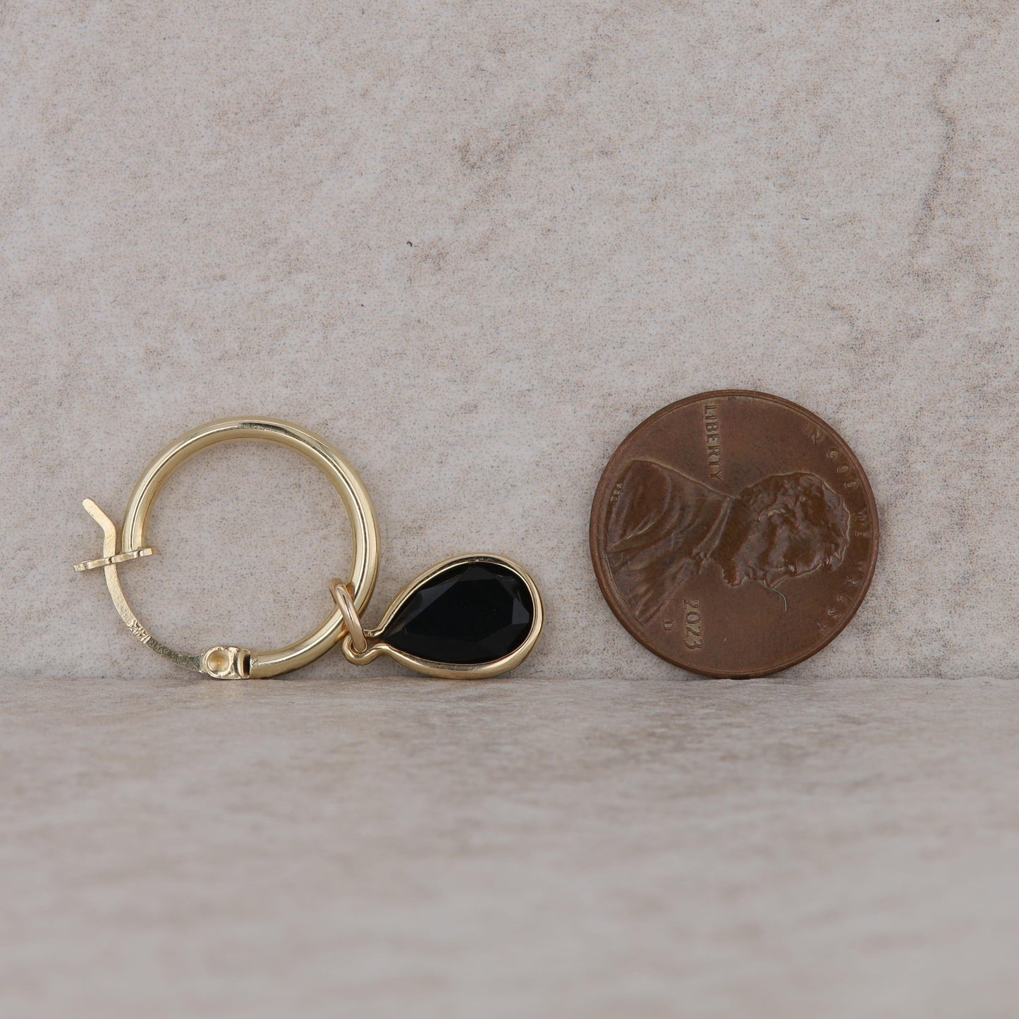 14k Yellow Gold Hoop with 14k Yellow Gold Pear Onyx Charm Earrings