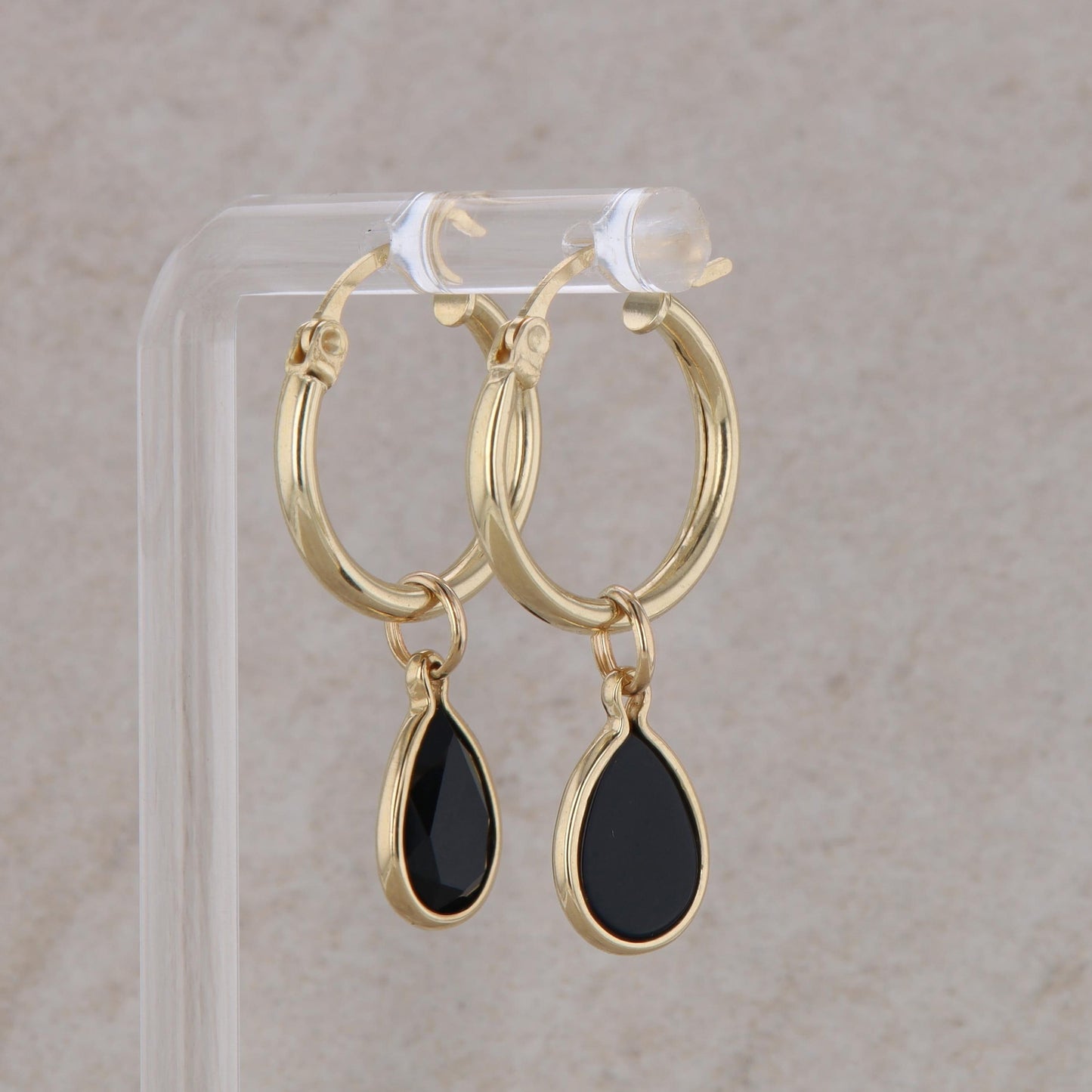 14k Yellow Gold Hoop with 14k Yellow Gold Pear Onyx Charm Earrings