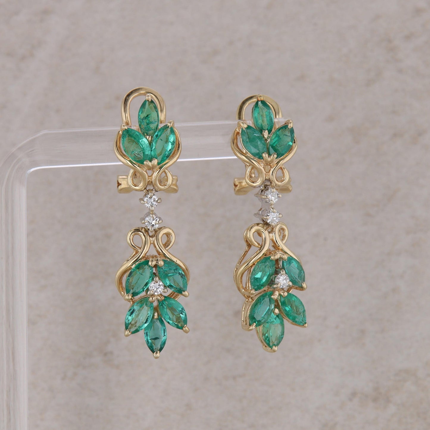 14k Yellow Gold Emerald and Diamond Leaf Dangle Design Earrings