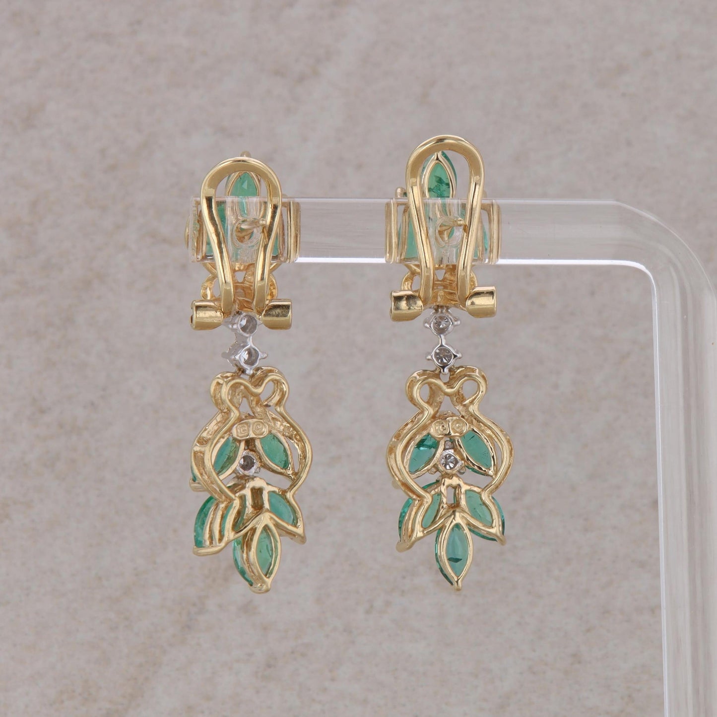 14k Yellow Gold Emerald and Diamond Leaf Dangle Design Earrings