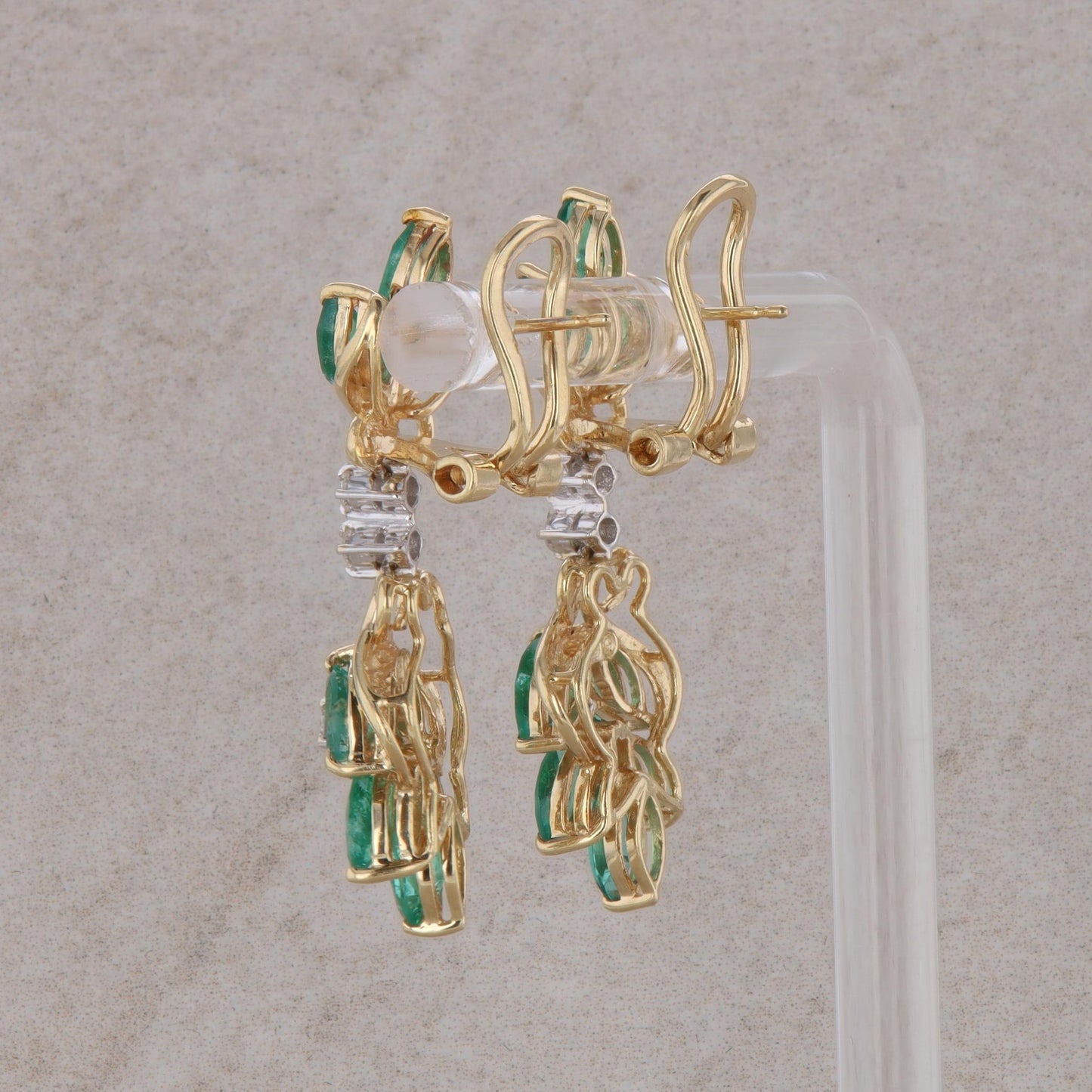 14k Yellow Gold Emerald and Diamond Leaf Dangle Design Earrings