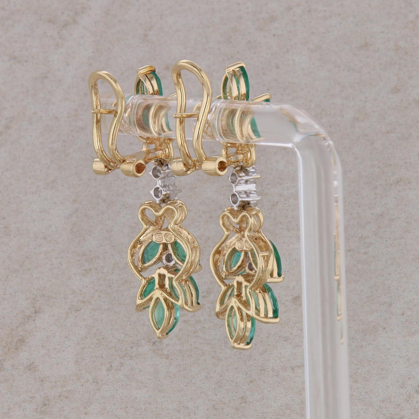 14k Yellow Gold Emerald and Diamond Leaf Dangle Design Earrings